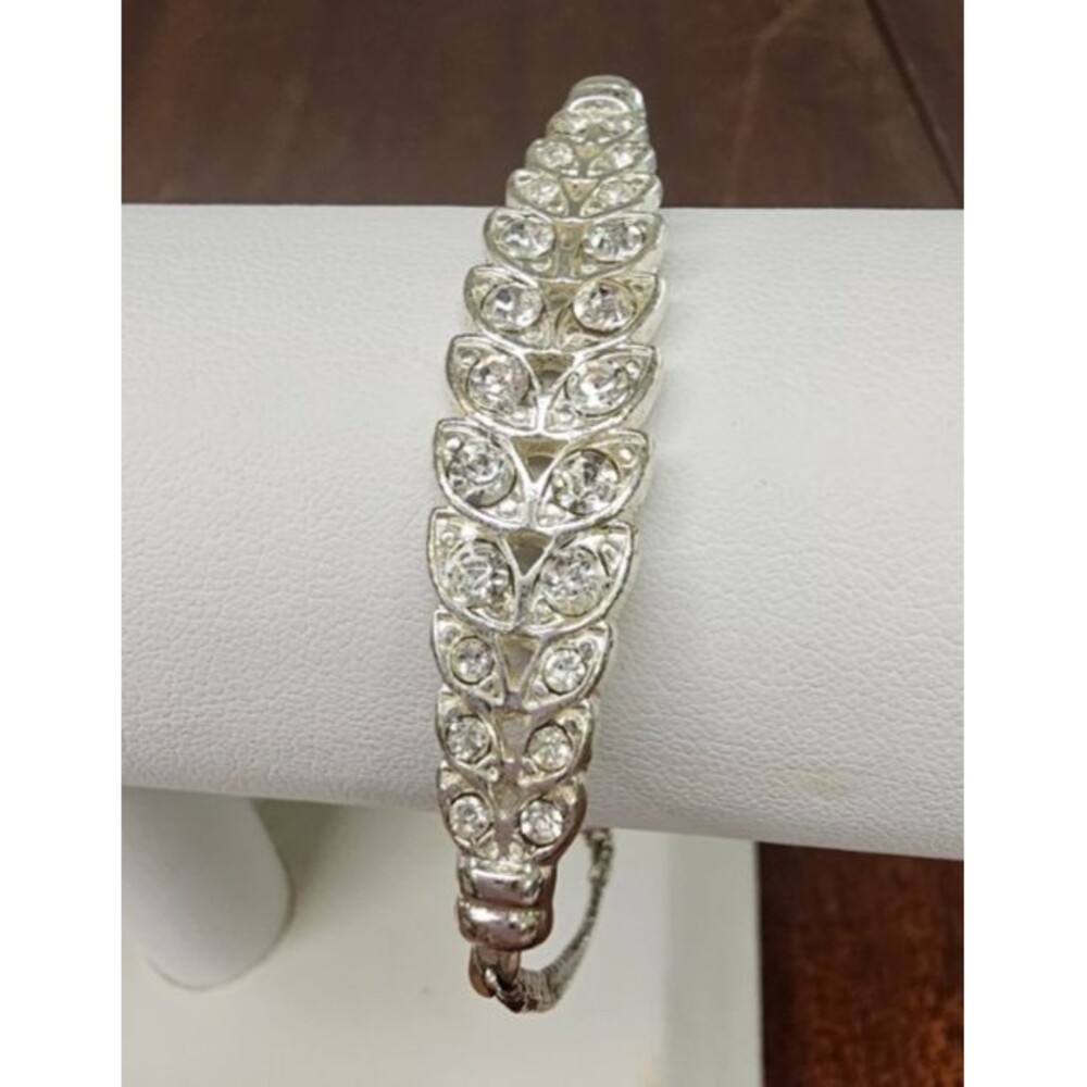 Silver Tone Rhinestone Feather Leaf Bracelet